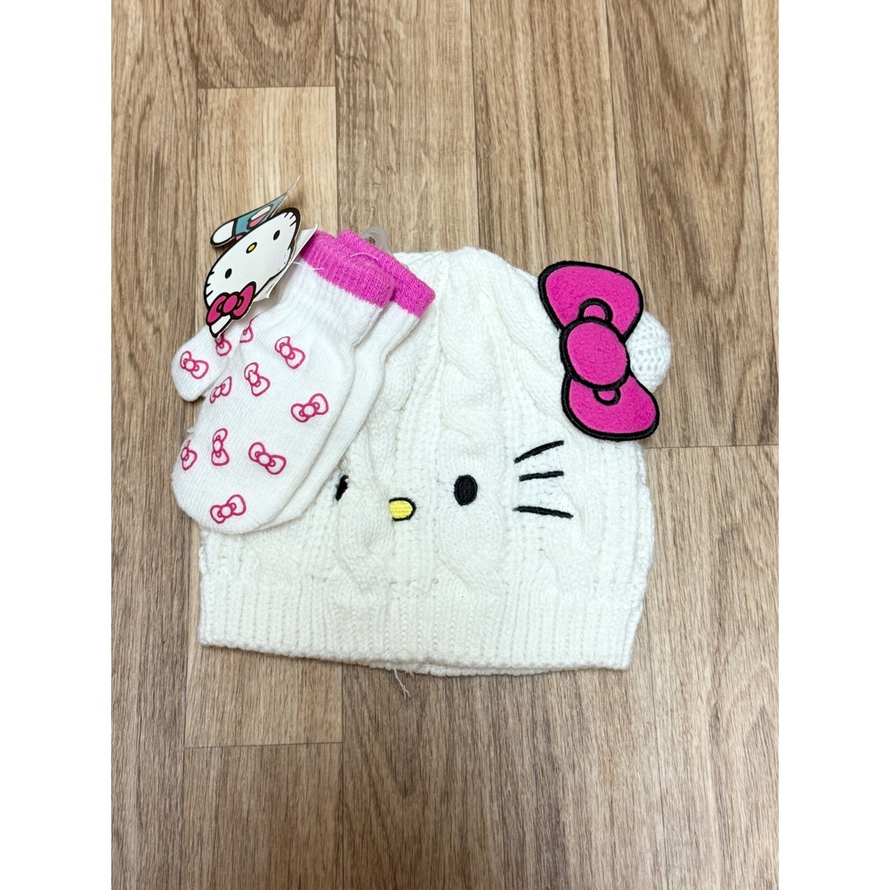 Hello Kitty Kids Beanie and Mittens Set White Cable Knit Pink Bow Sanrio NWT